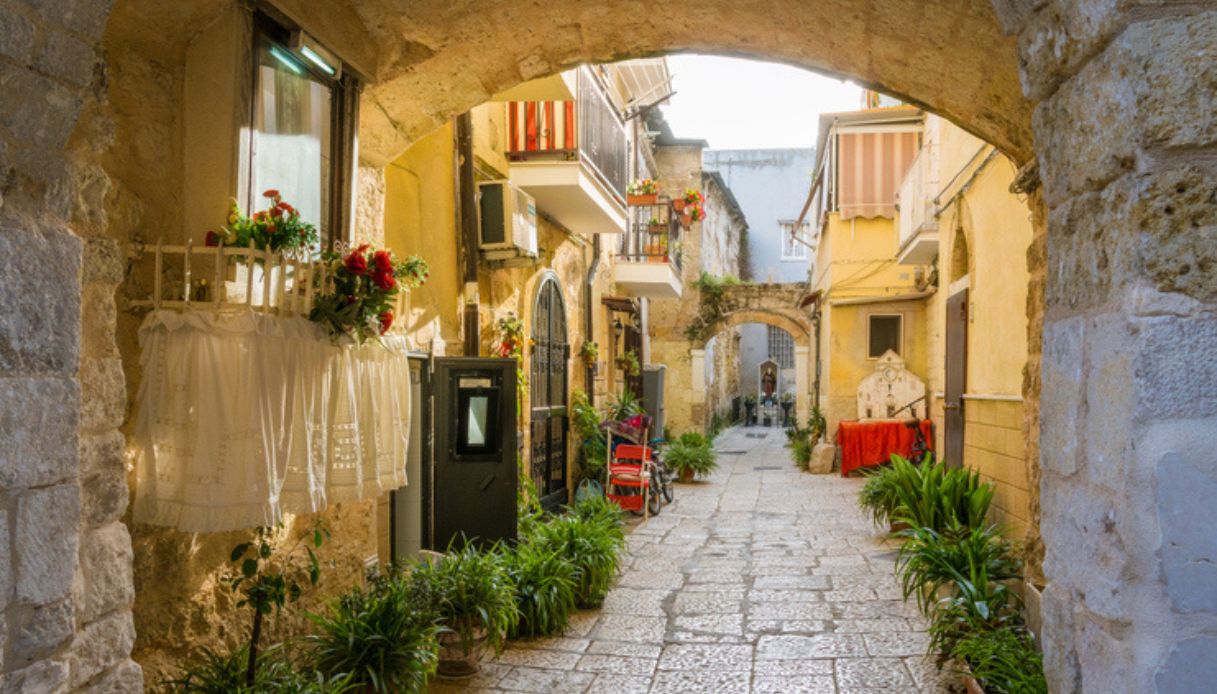 Scorcio di un vicolo di Bari Vecchia, centro storico della città, con piante lungo la via e piccole case tradizionali